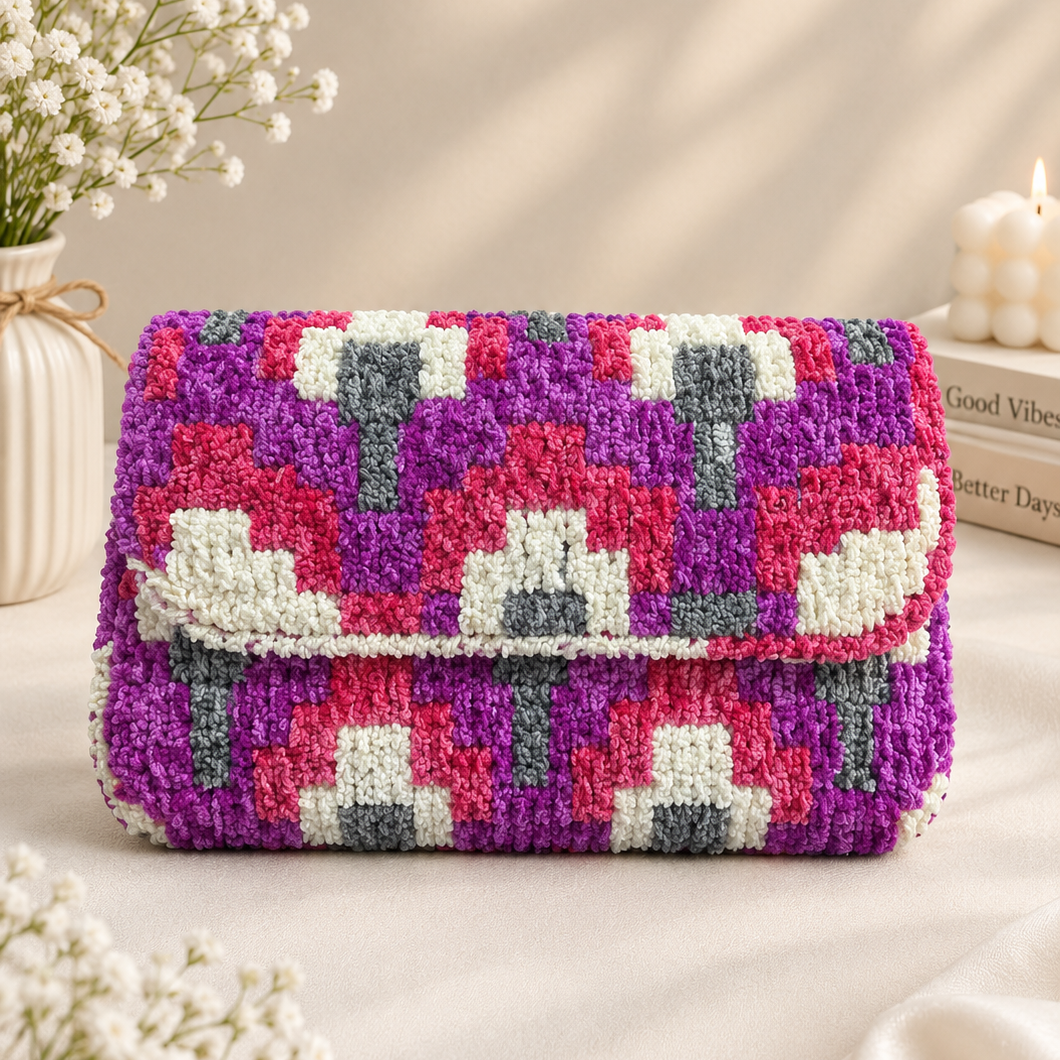 A textured, woven clutch bag with a geometric pattern in purple, pink, white, and gray, styled on a draped cream fabric with baby's breath flowers and a candle in the background.