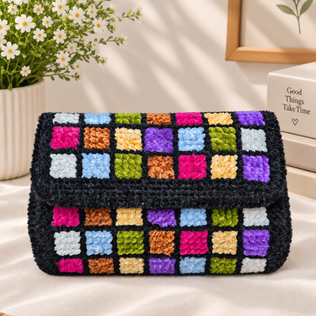 A crocheted clutch bag with a black base and a colorful grid pattern of square patches in pink, blue, green, yellow, orange, purple, and white, styled on a white satin fabric with a potted daisy and a framed print in the background.