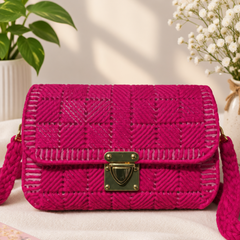 A bright pink woven-texture shoulder bag with a gold-tone front clasp, styled on a cream fabric surface with a plant, baby's breath flowers, and a pink book in the background.