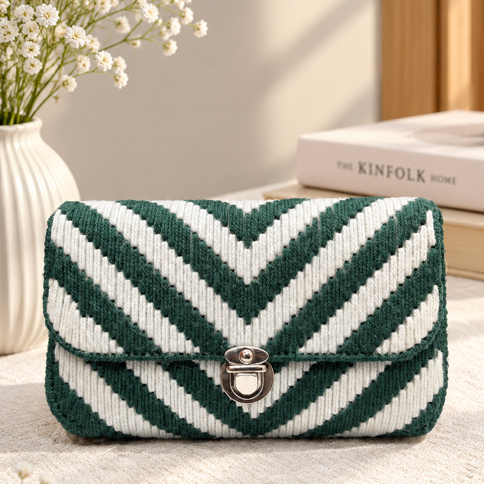 A woven clutch bag with a green and white chevron pattern and a silver turn-lock clasp, styled on a cream fabric surface with baby's breath flowers and a book in the background.