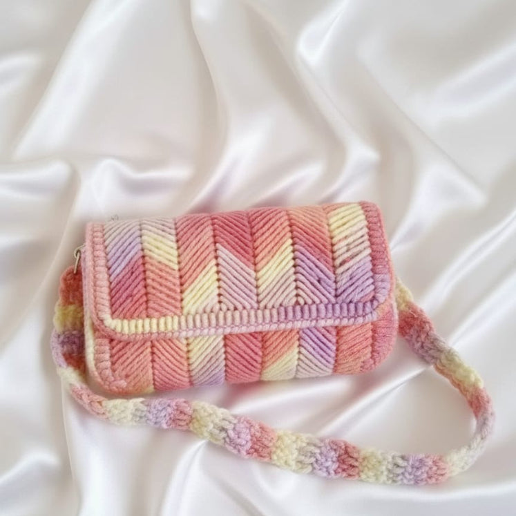 Colorful woven handbag on a white fabric background
