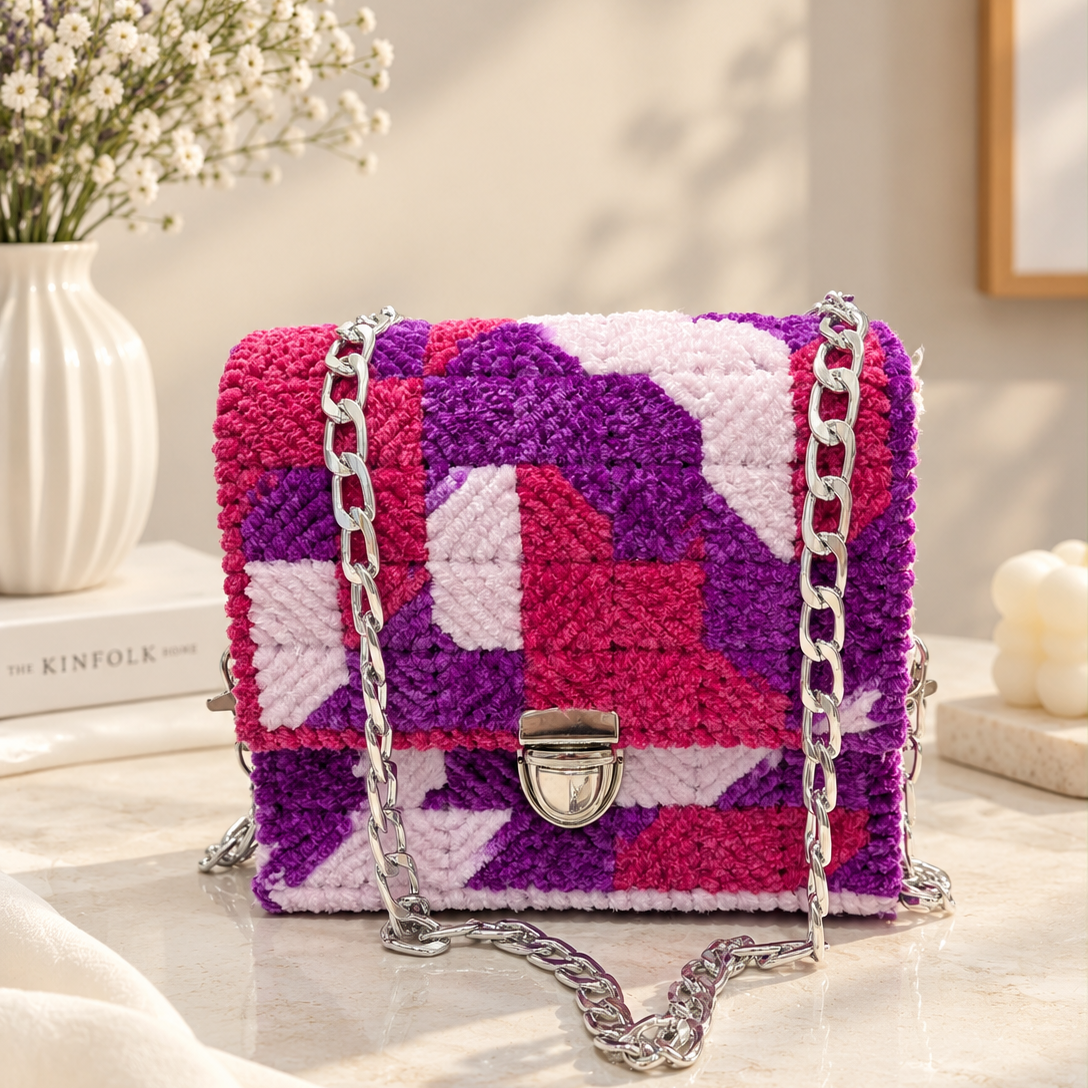 A small structured handbag with a chunky woven geometric pattern in purple, pink, and white, featuring a silver chain strap and a silver turn-lock clasp, displayed on a marble surface with a vase of flowers in the background.
