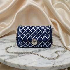 Blue patterned handbag with chain strap 