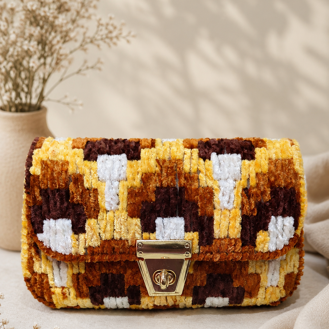 A textured geometric pattern clutch bag in yellow, brown, and white, featuring a gold-tone turn-lock clasp, styled on a neutral beige surface with soft fabric and dried flowers.