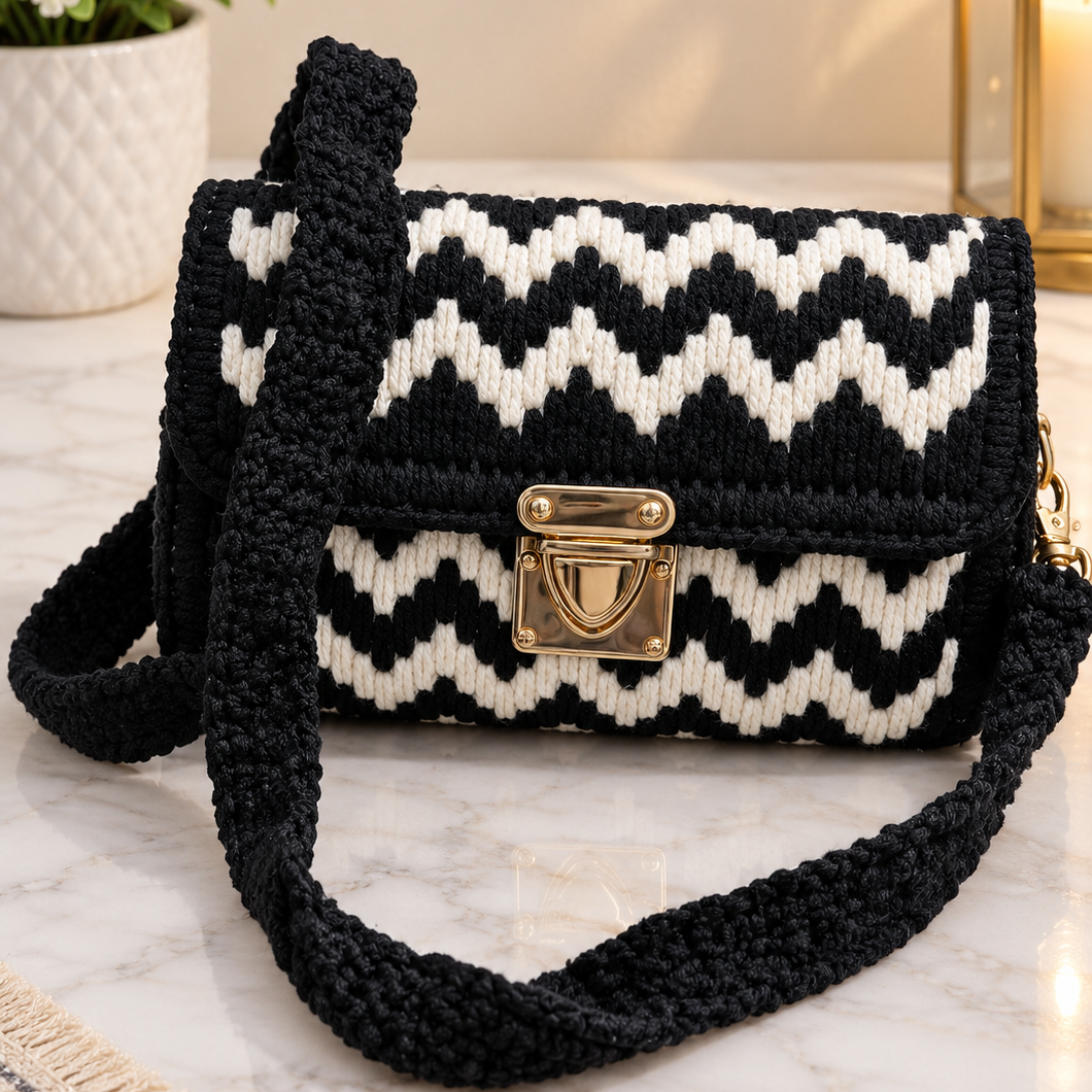 A crocheted handbag with a black and white chevron pattern and a gold clasp, resting on a marble surface with a potted plant and a lantern in the background.