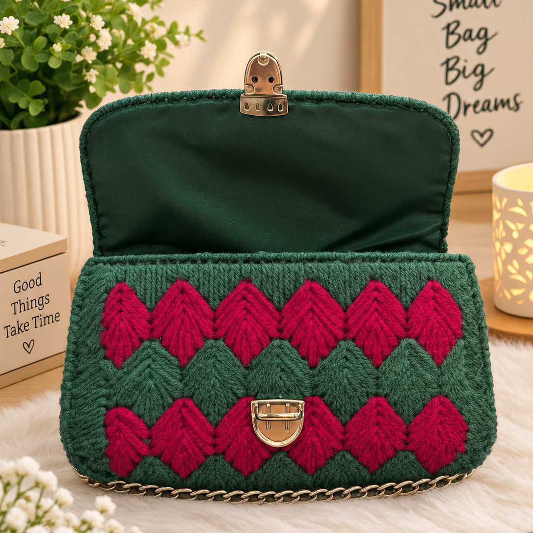 A green knit clutch handbag with a pink chevron pattern on the front, featuring a gold-tone clasp and chain strap, styled on a white faux fur surface with decorative props.