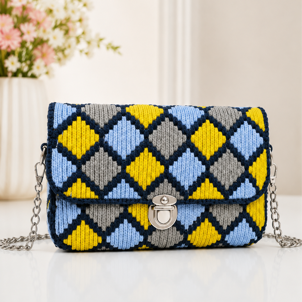  A woven clutch bag with a geometric diamond pattern in yellow, light blue, gray, and navy, featuring a silver turn-lock clasp and a silver chain strap, set against a soft beige background with a blurred floral arrangement.