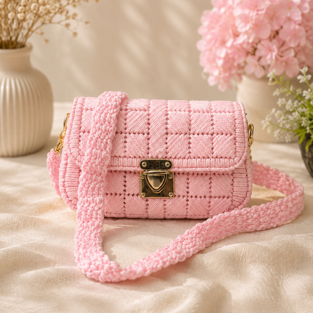 A pink quilted woven shoulder bag with a chunky knotted strap and gold-tone hardware, styled on a beige fabric surface with dried flowers and pink hydrangeas in the background.
