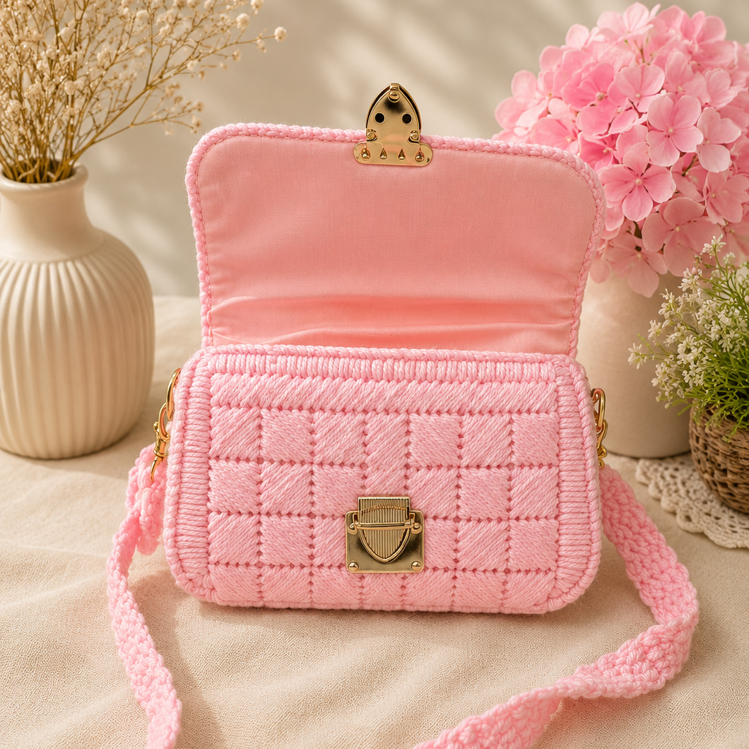 A pink quilted woven shoulder bag with a matching knotted strap, displayed on a beige fabric surface with decorative dried flowers and pink hydrangeas in the background.