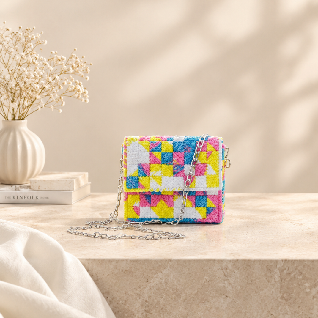 A small quilted crossbody bag with a colorful geometric patchwork pattern in pink, yellow, blue, and white, resting on a beige stone surface with a silver chain strap.