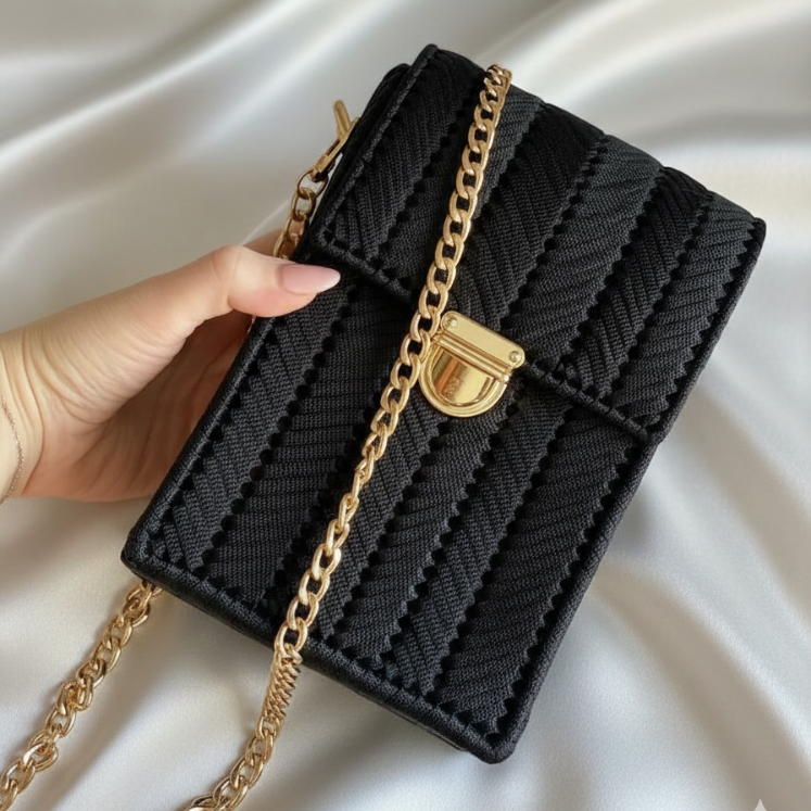 Black textured handbag with gold chain strap held by a hand on a light background