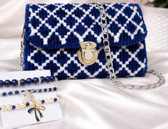 Blue and White Diamond style velvet yarn bag