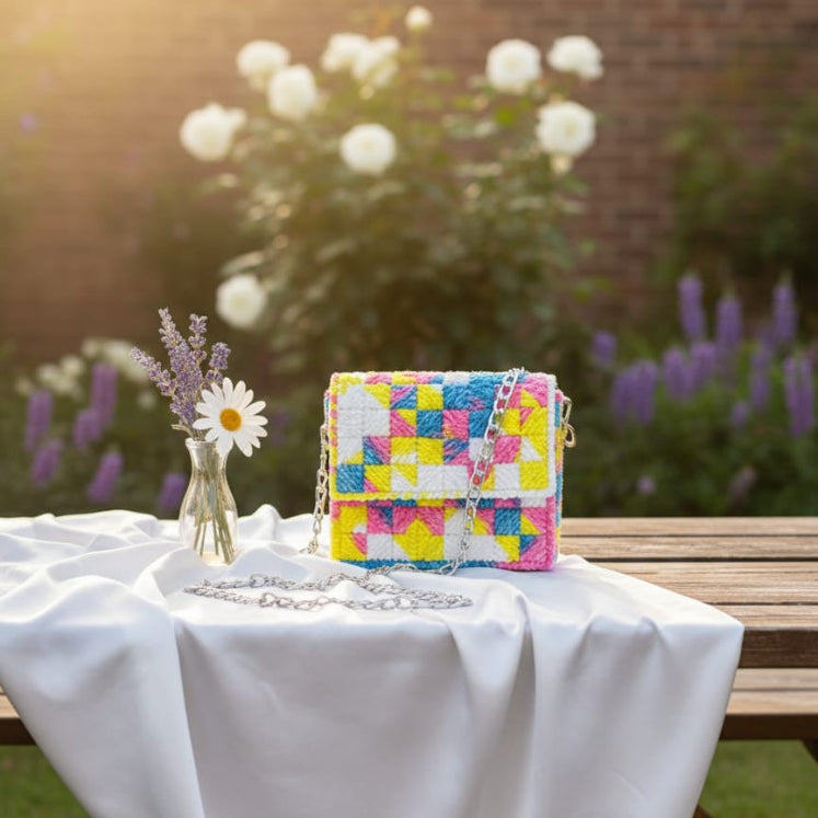 Colorful woven handbag on a table outdoors with flowers and a vase.